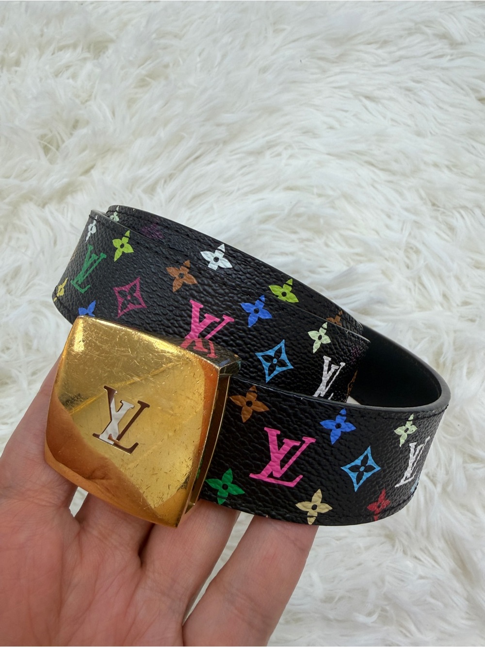 Louis Vuitton Black Multicolor Monogram Belt with Gold Buckle size 80/32